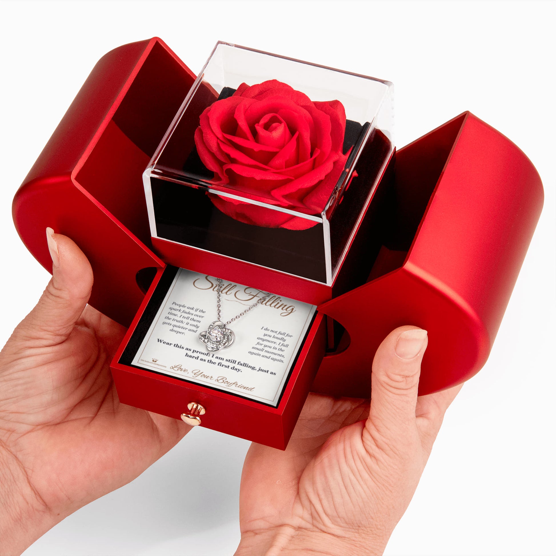 Still Falling - Love Knot Necklace with Red Rose Box for Girlfriend - personalized keepsake gift from SKH Radiant Expressions
