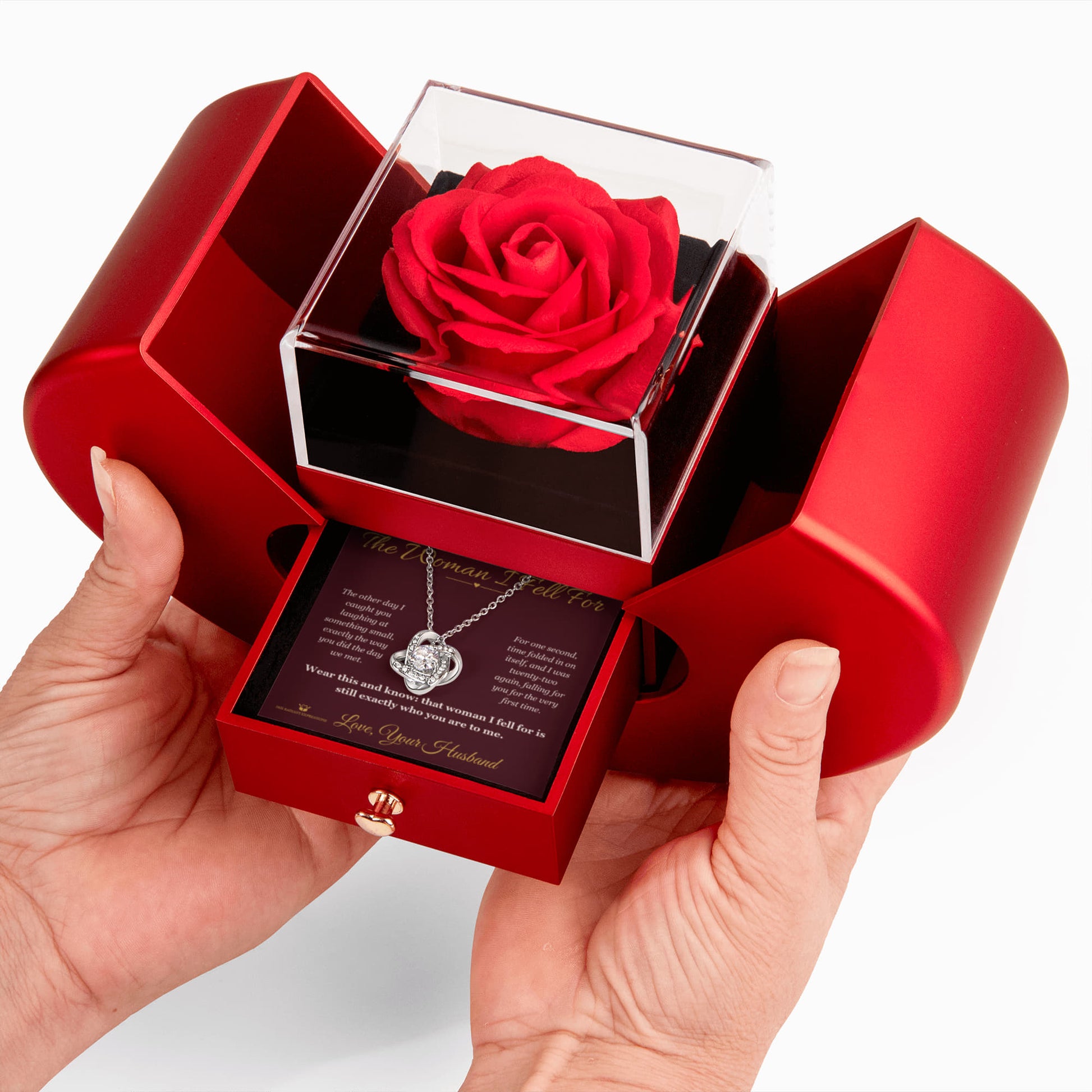 The Woman I Fell For - Love Knot Necklace with Red Rose Box for Wife - personalized keepsake gift from SKH Radiant Expressions
