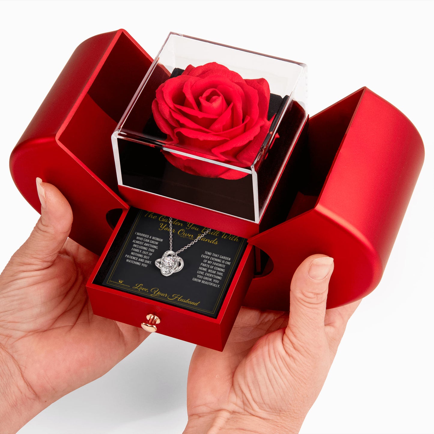 The Garden You Built With Your Own Hands - Love Knot Necklace with Red Rose Box for Wife