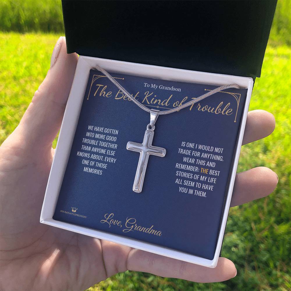 The Best Kind of Trouble - Artisan Cross Necklace for Grandson - personalized keepsake gift from SKH Radiant Expressions