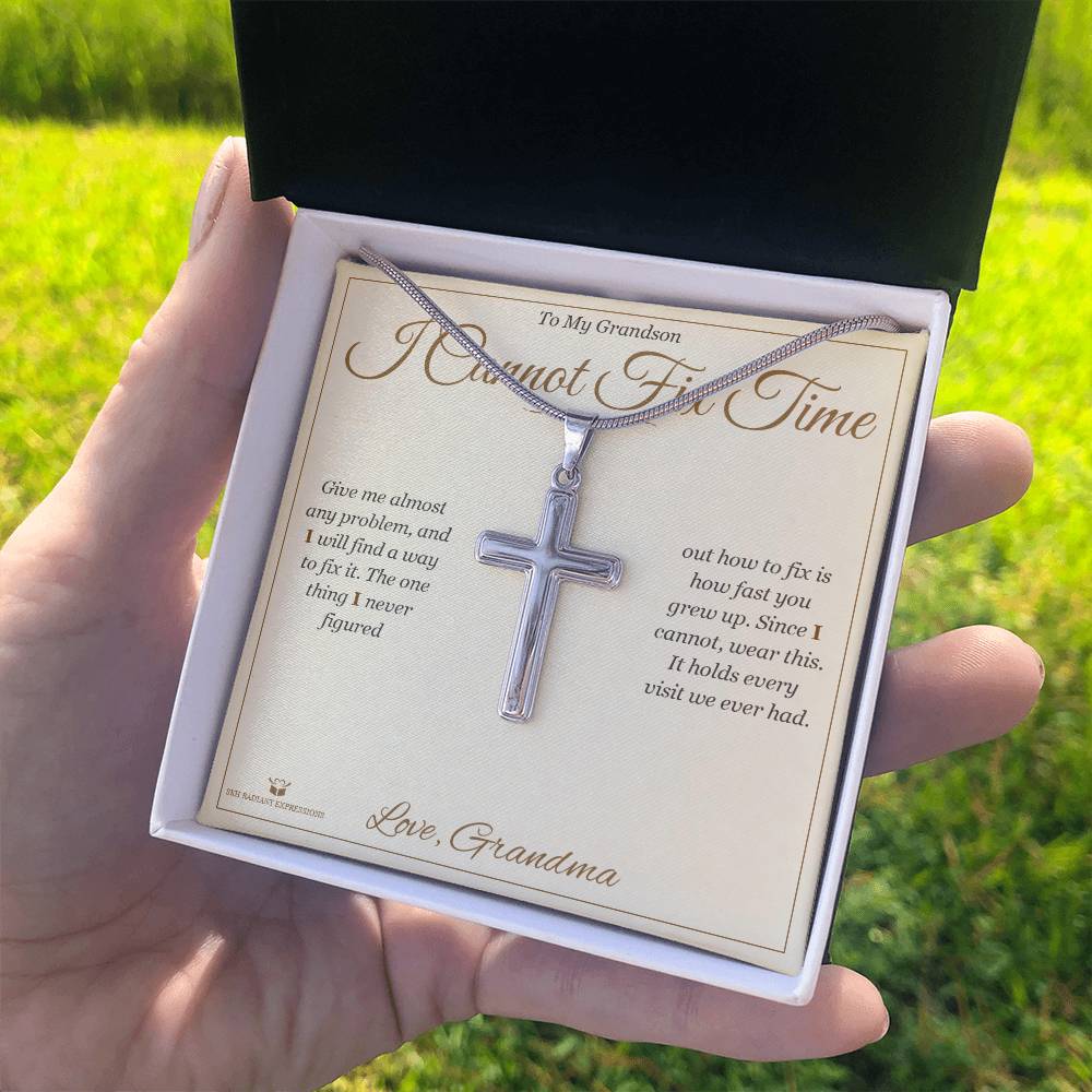 I Cannot Fix Time - Artisan Cross Necklace for Grandson - personalized keepsake gift from SKH Radiant Expressions