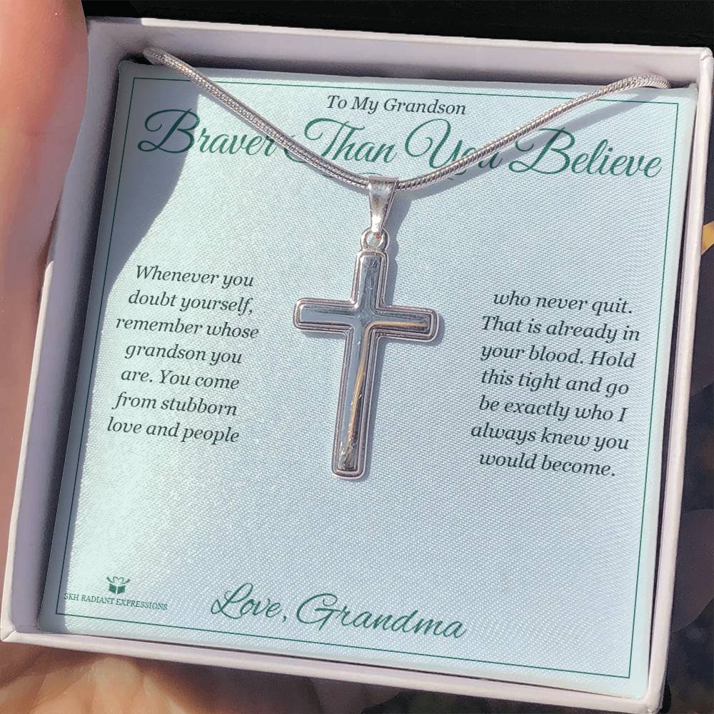 Braver Than You Believe - Artisan Cross Necklace for Grandson - personalized keepsake gift from SKH Radiant Expressions