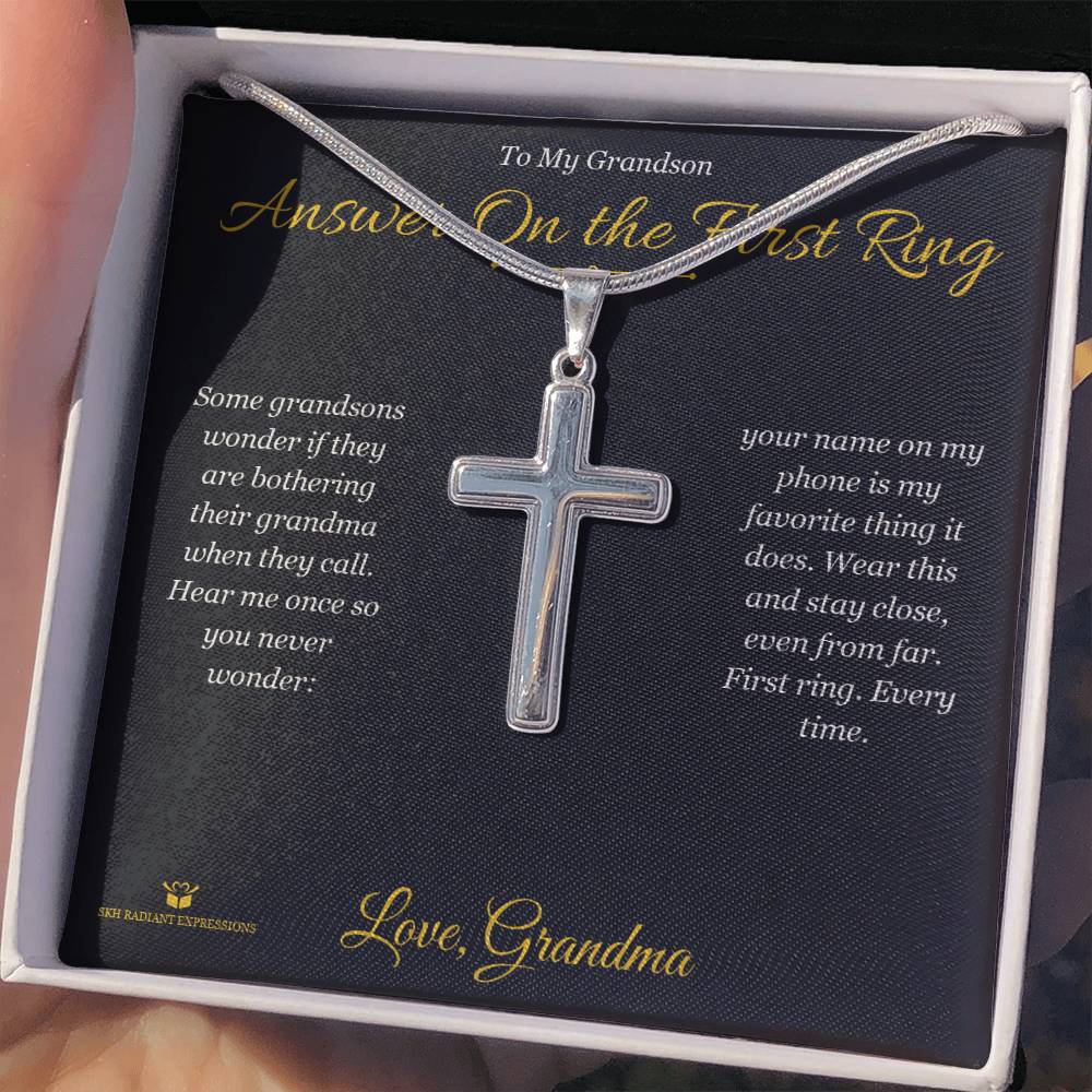 Answer On the First Ring - Artisan Cross Necklace for Grandson - personalized keepsake gift from SKH Radiant Expressions
