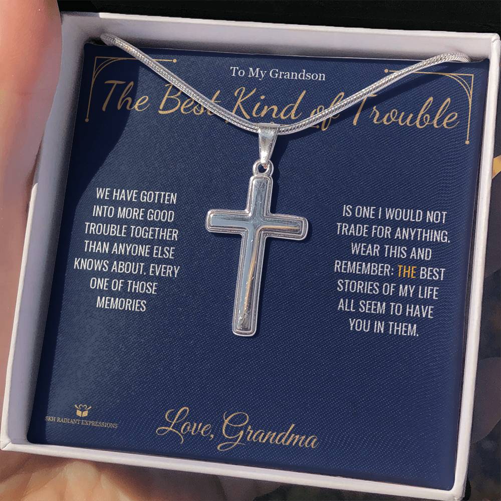 The Best Kind of Trouble - Artisan Cross Necklace for Grandson - personalized keepsake gift from SKH Radiant Expressions
