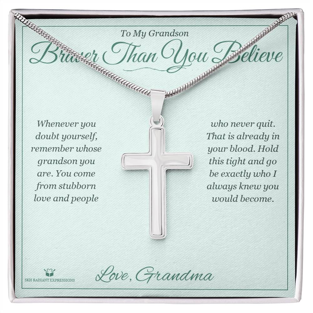 Braver Than You Believe - Artisan Cross Necklace for Grandson - personalized keepsake gift from SKH Radiant Expressions