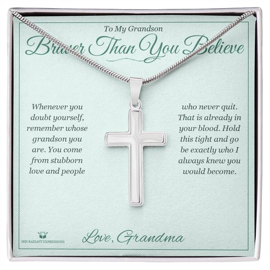 Braver Than You Believe - Artisan Cross Necklace for Grandson - personalized keepsake gift from SKH Radiant Expressions
