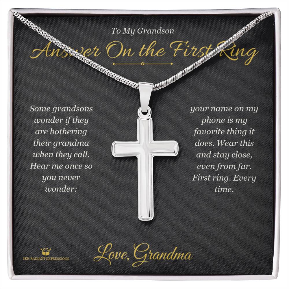 Answer On the First Ring - Artisan Cross Necklace for Grandson - personalized keepsake gift from SKH Radiant Expressions
