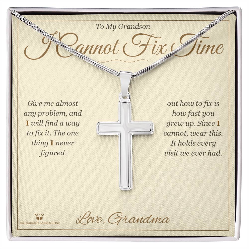 I Cannot Fix Time - Artisan Cross Necklace for Grandson - personalized keepsake gift from SKH Radiant Expressions