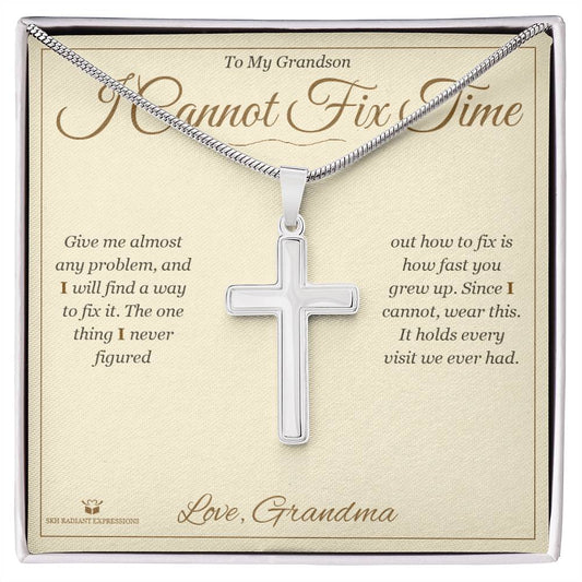 I Cannot Fix Time - Artisan Cross Necklace for Grandson - personalized keepsake gift from SKH Radiant Expressions
