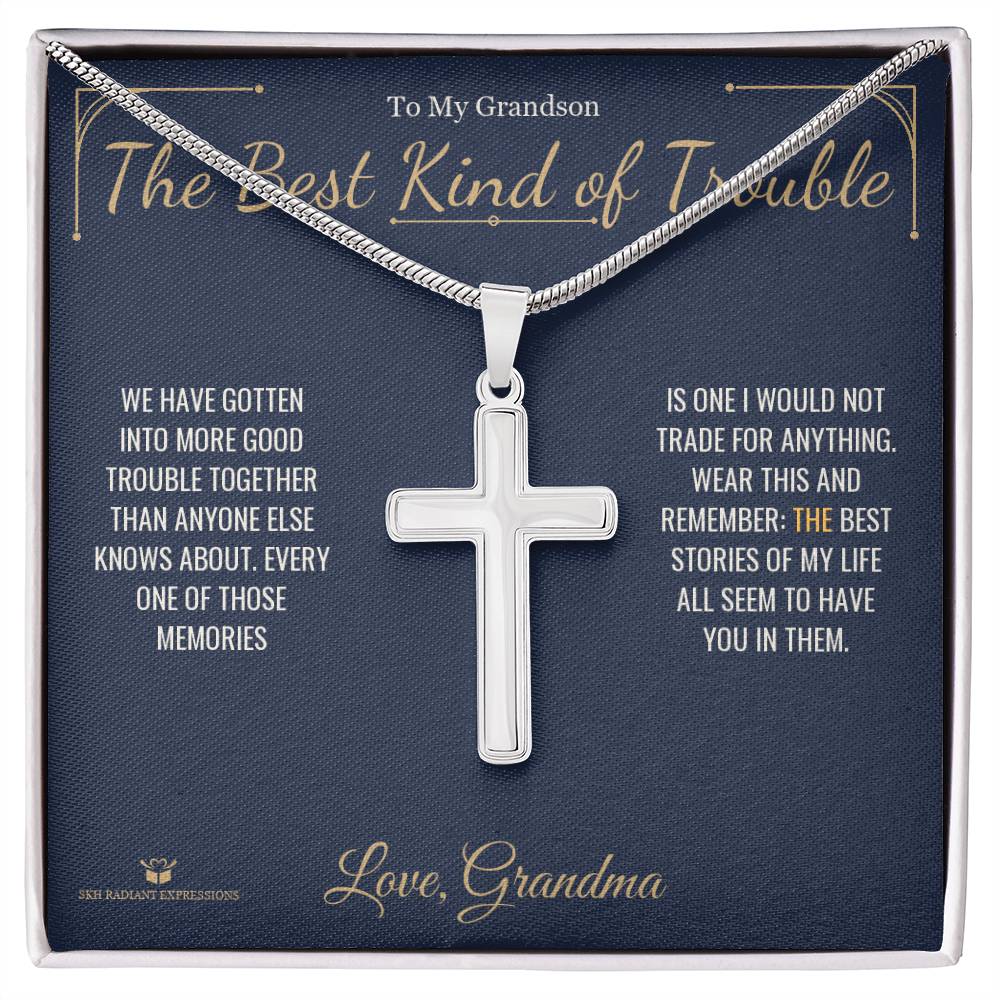 The Best Kind of Trouble - Artisan Cross Necklace for Grandson - personalized keepsake gift from SKH Radiant Expressions