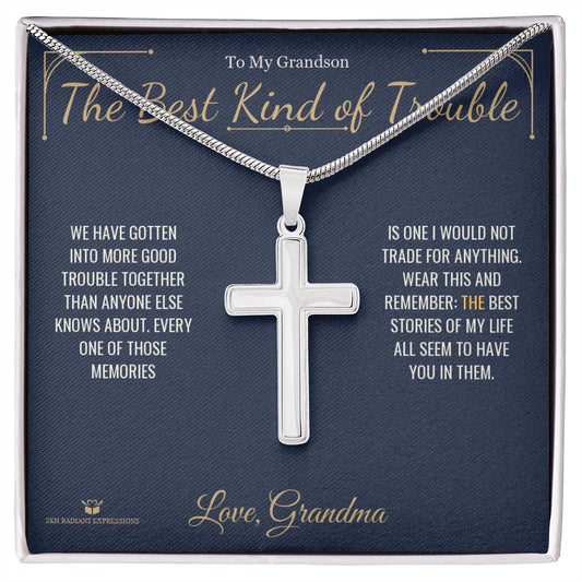 The Best Kind of Trouble - Artisan Cross Necklace for Grandson - personalized keepsake gift from SKH Radiant Expressions