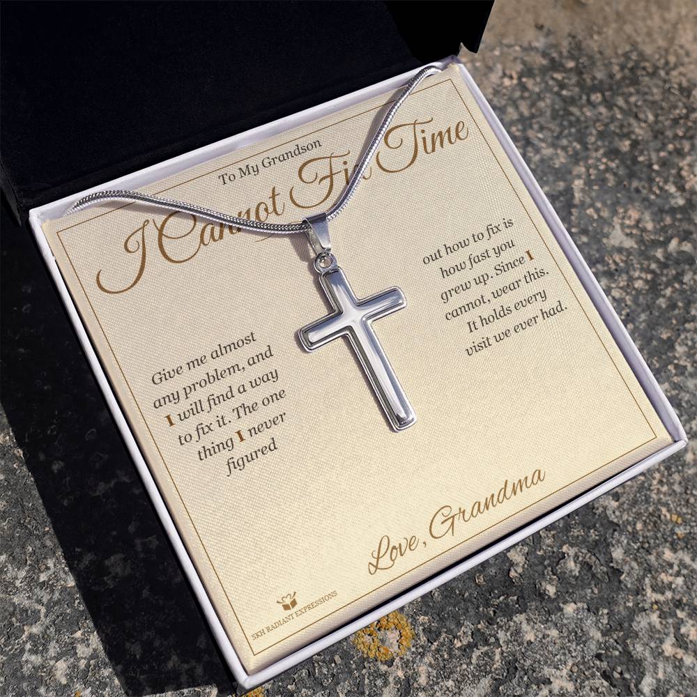 I Cannot Fix Time - Artisan Cross Necklace for Grandson