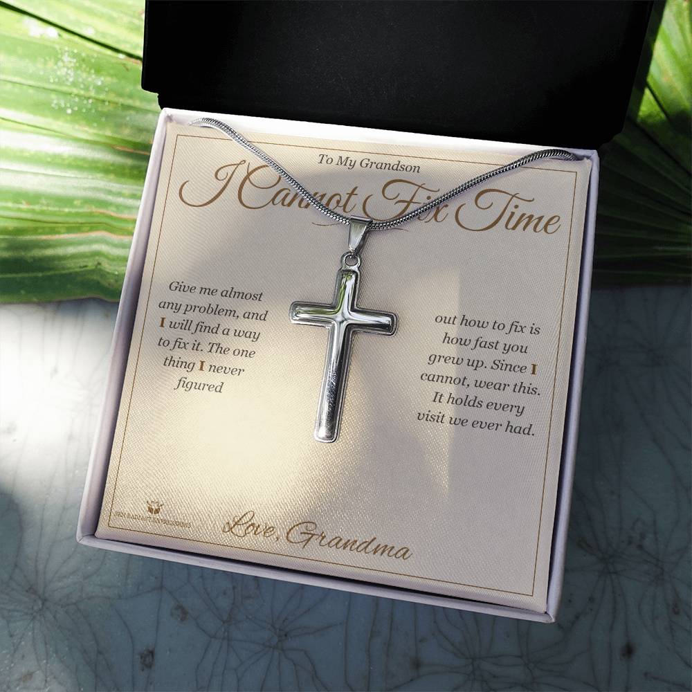 I Cannot Fix Time - Artisan Cross Necklace for Grandson - personalized keepsake gift from SKH Radiant Expressions