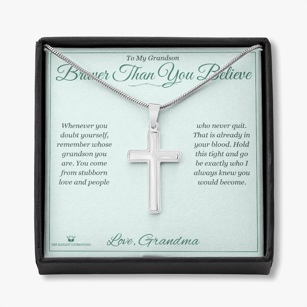 Braver Than You Believe - Artisan Cross Necklace for Grandson - personalized keepsake gift from SKH Radiant Expressions
