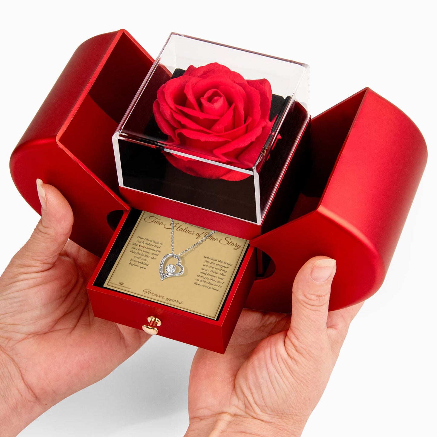 Two Halves of One Story - Forever Love Necklace with Red Rose Box for Soulmate - personalized keepsake gift from SKH Radiant Expressions