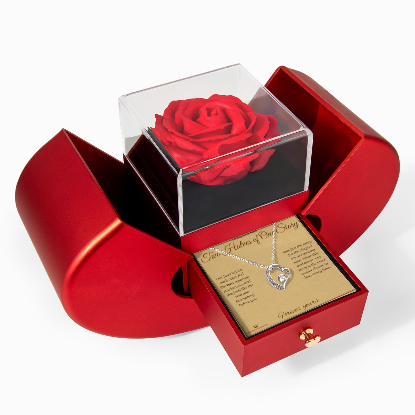 Two Halves of One Story - Forever Love Necklace with Red Rose Box for Soulmate