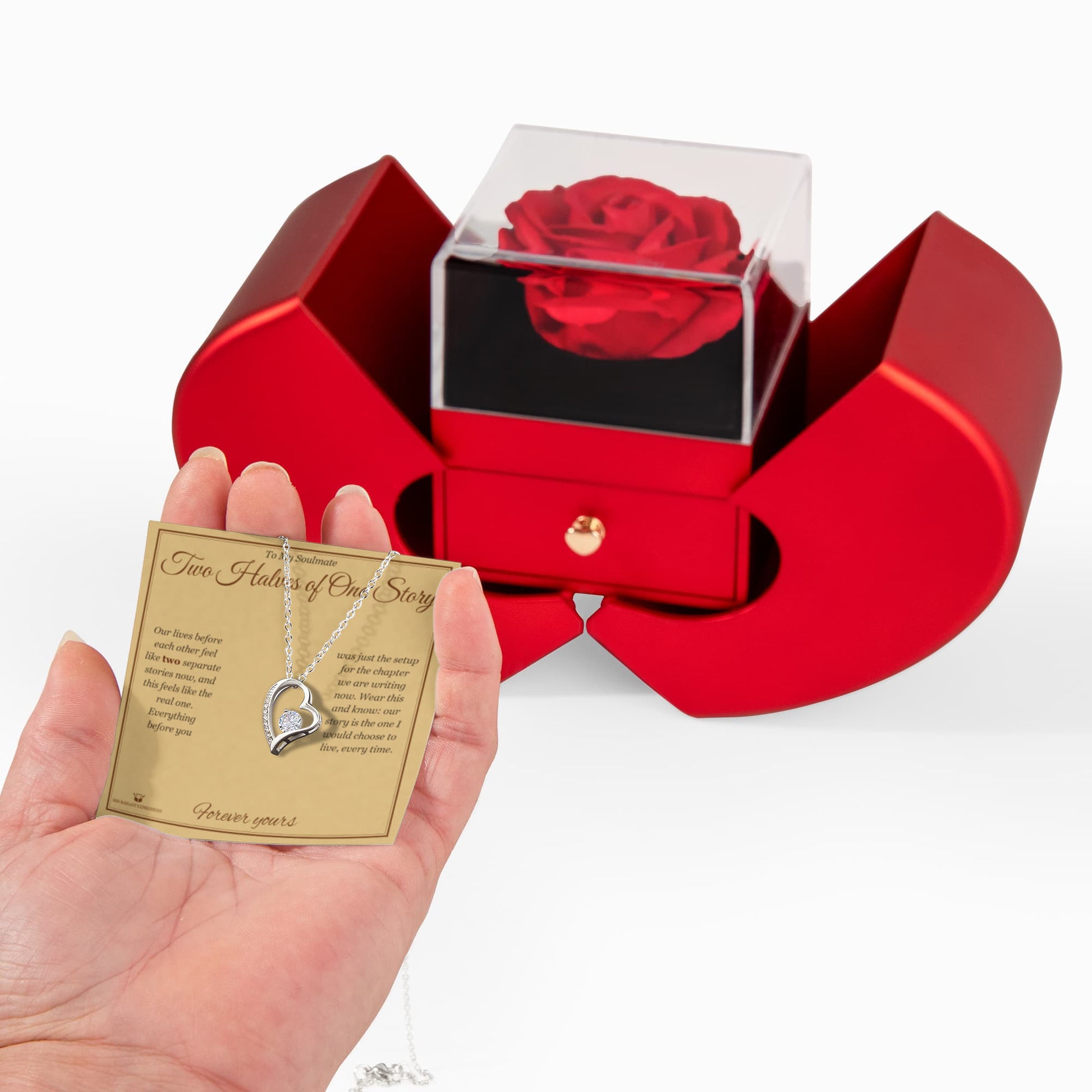 Two Halves of One Story - Forever Love Necklace with Red Rose Box for Soulmate - personalized keepsake gift from SKH Radiant Expressions