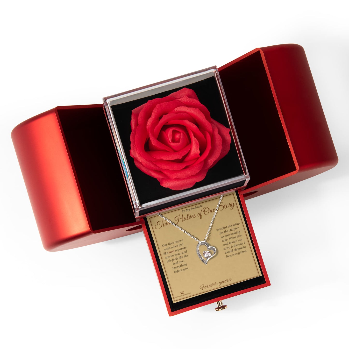 Two Halves of One Story - Forever Love Necklace with Red Rose Box for Soulmate