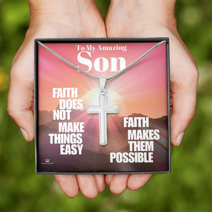 Cross Necklace engraved with your own words for son
