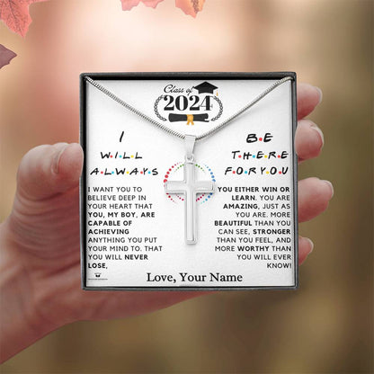 Personalized Class of 2026 Stainless Steel Cross Necklace engraved with your own words for him