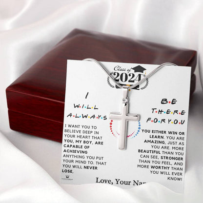 Personalized Class of 2026 Stainless Steel Cross Necklace with personalized message card for him