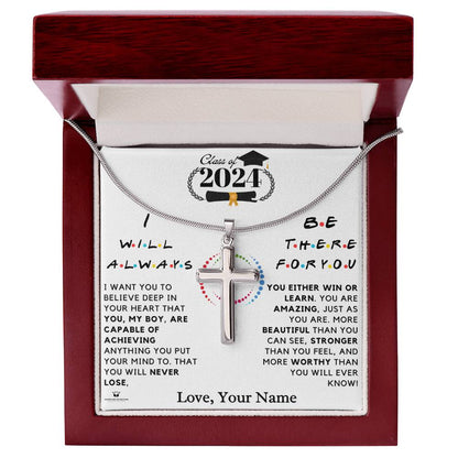 Engraved Personalized Class of 2026 Stainless Steel Cross Necklace with message for him