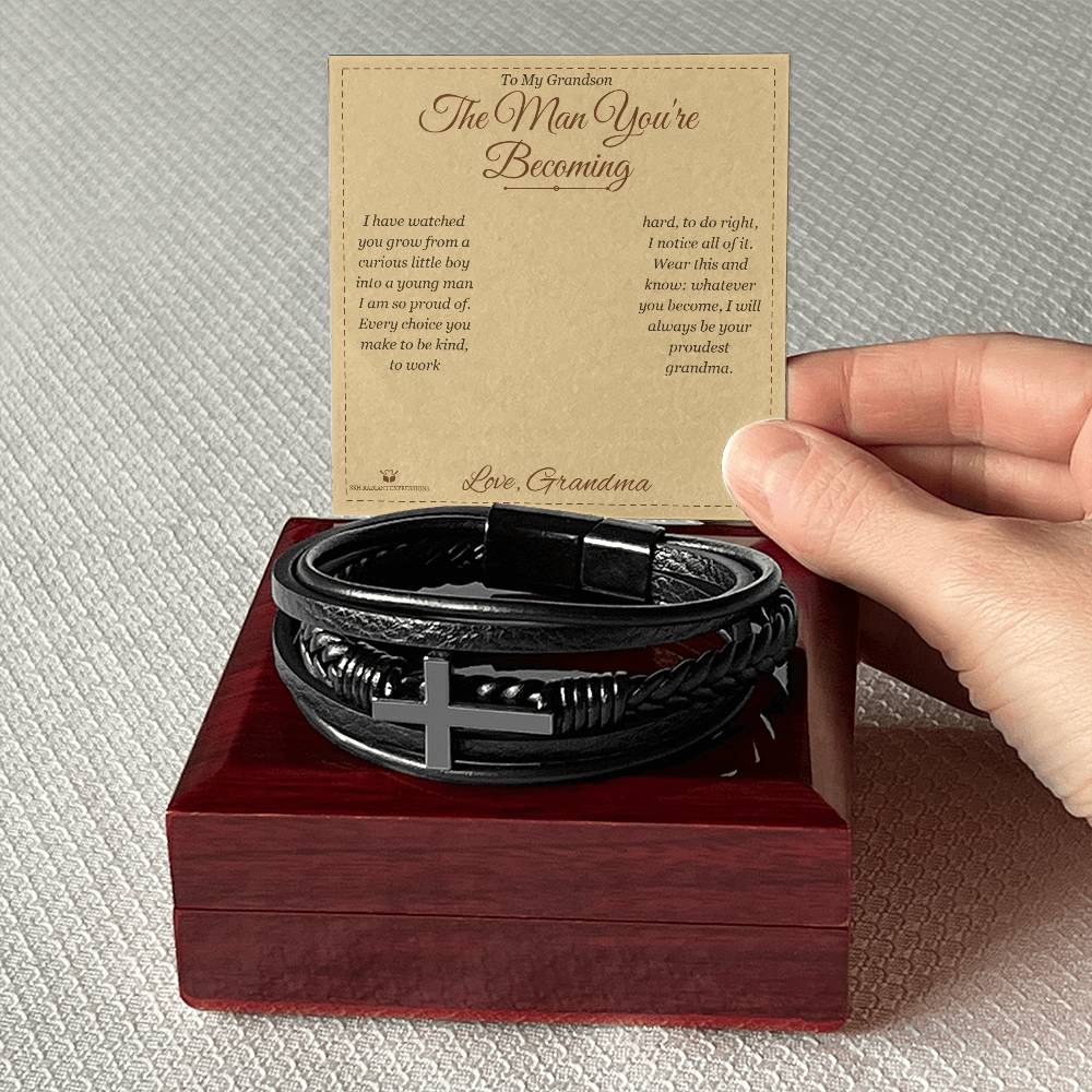 Engraved Men's Cross Bracelet with message for grandson