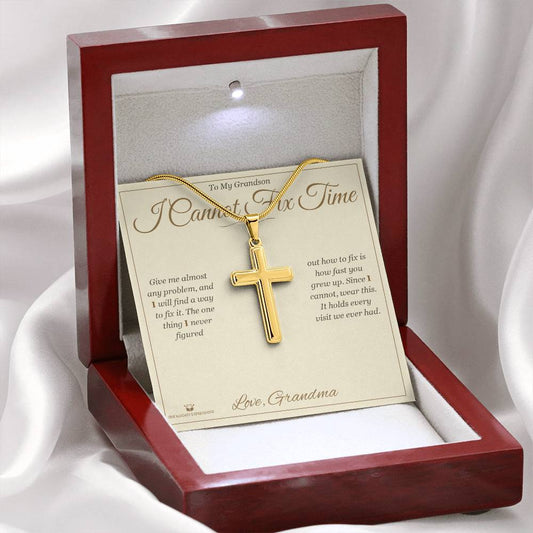 I Cannot Fix Time - Artisan Cross Necklace for Grandson - personalized keepsake gift from SKH Radiant Expressions