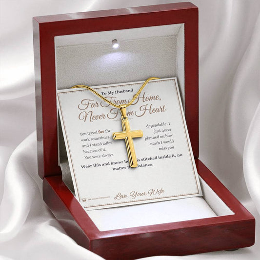 Far From Home, Never From Heart - Artisan Cross Necklace for Husband - personalized keepsake gift from SKH Radiant Expressions