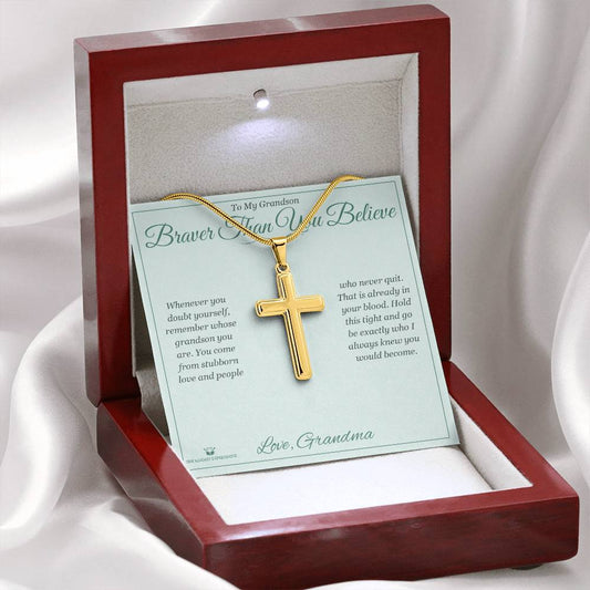 Braver Than You Believe - Artisan Cross Necklace for Grandson - personalized keepsake gift from SKH Radiant Expressions
