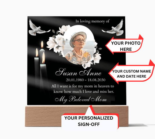 In Loving Memory Of My Beloved Mom | Beloved Dad |  Beloved Ones - Personalized Black Candle Photocentric Deep Condolences - Square Acrylic Plaque