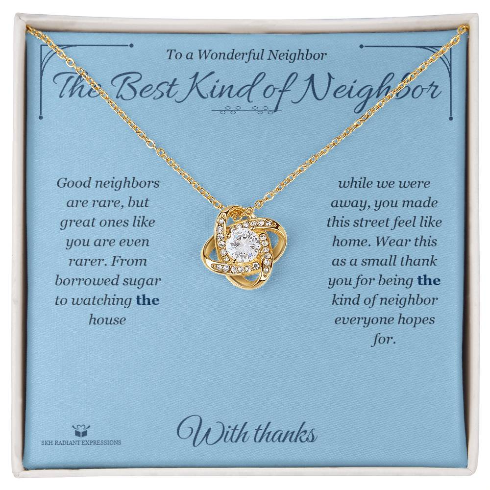 Engraved Love Knot Necklace with message for neighbor