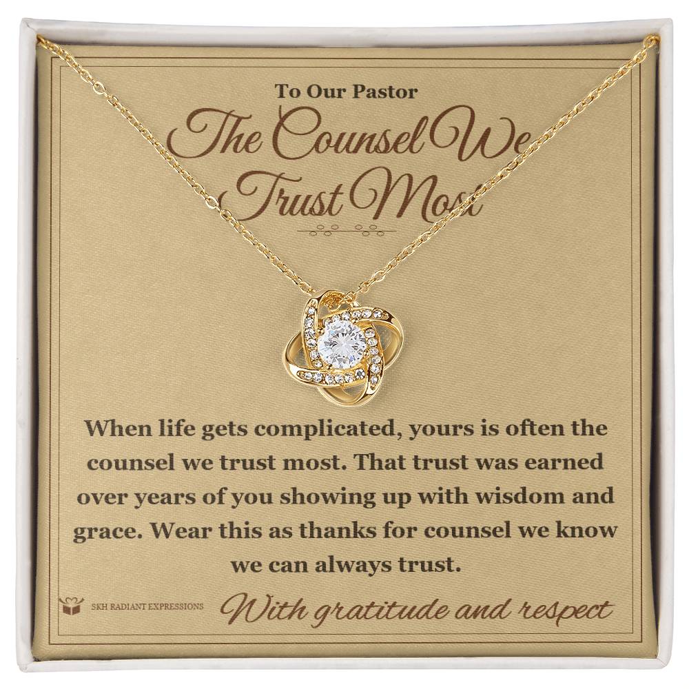 Love Knot Necklace with personalized message card for pastor