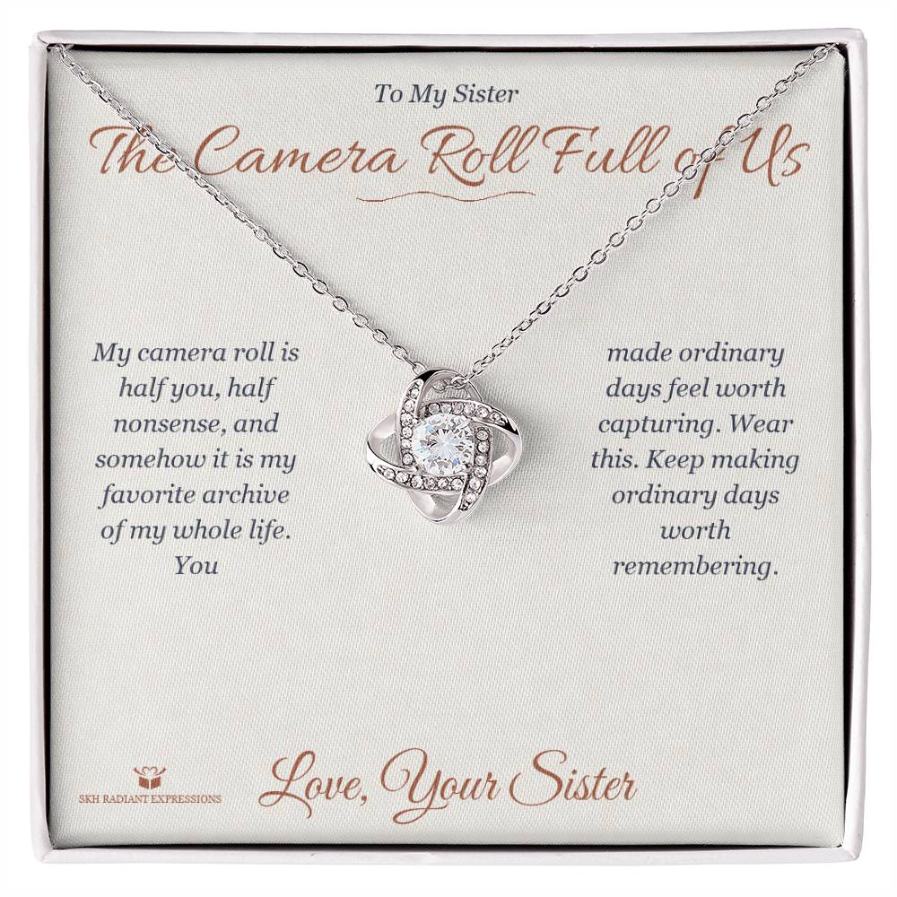 Engraved Love Knot Necklace with message for sister