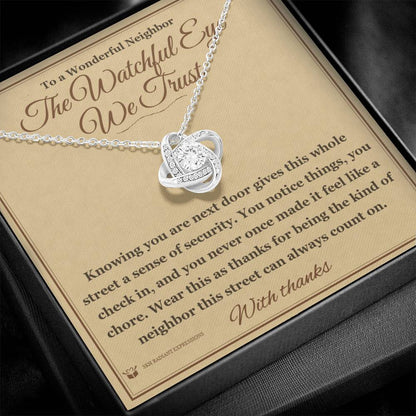 Engraved Love Knot Necklace with message for neighbor