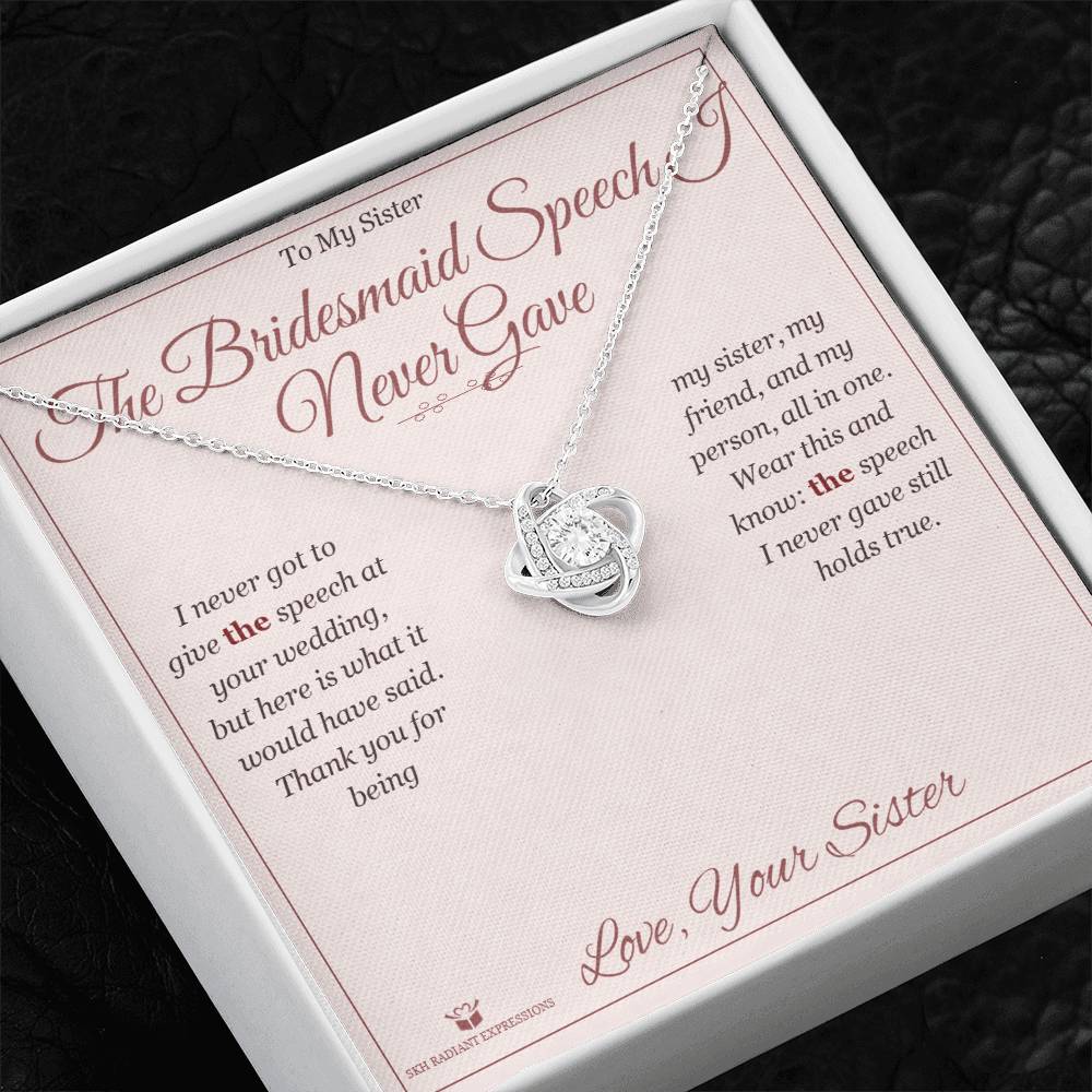 Engraved Love Knot Necklace with message for sister