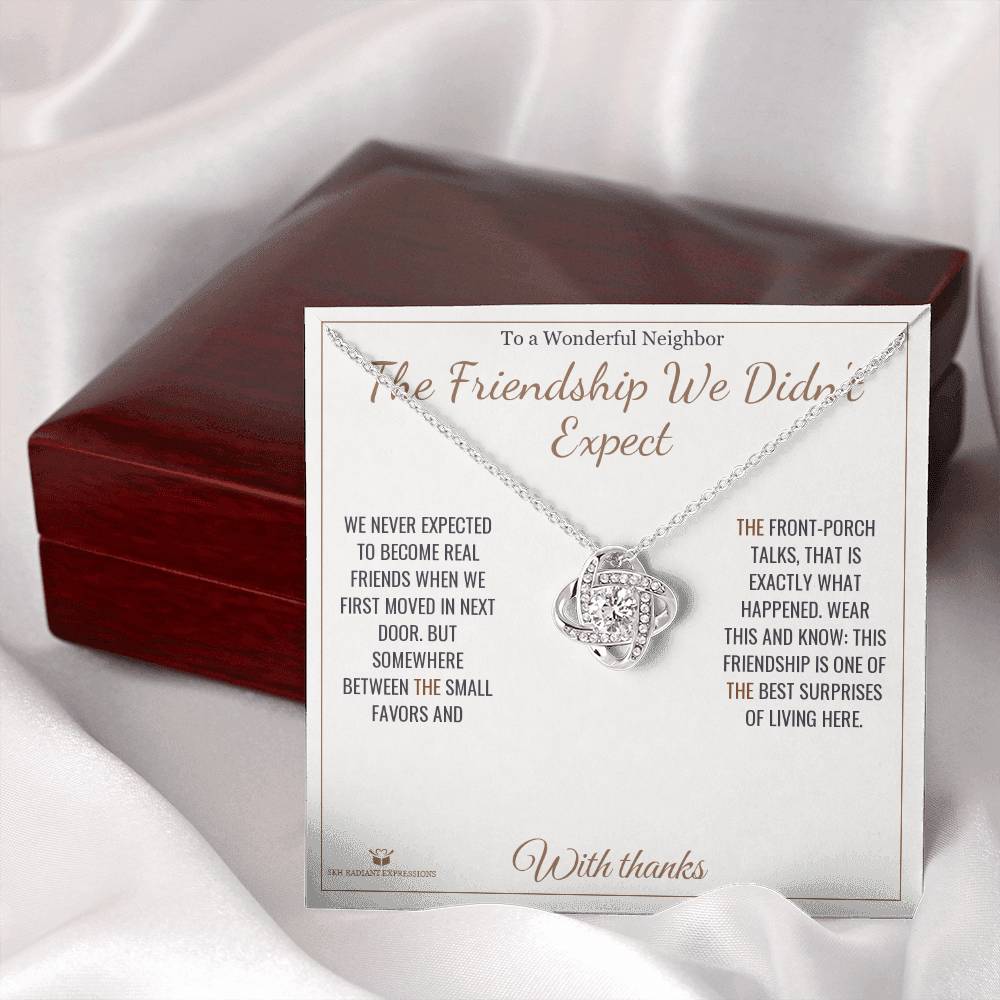 Love Knot Necklace engraved with your own words for neighbor