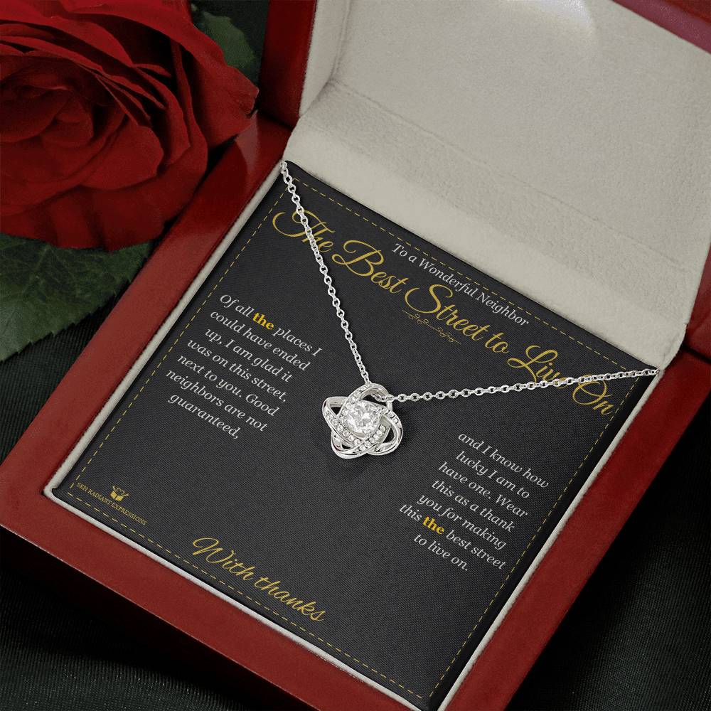 Love Knot Necklace engraved with your own words for neighbor