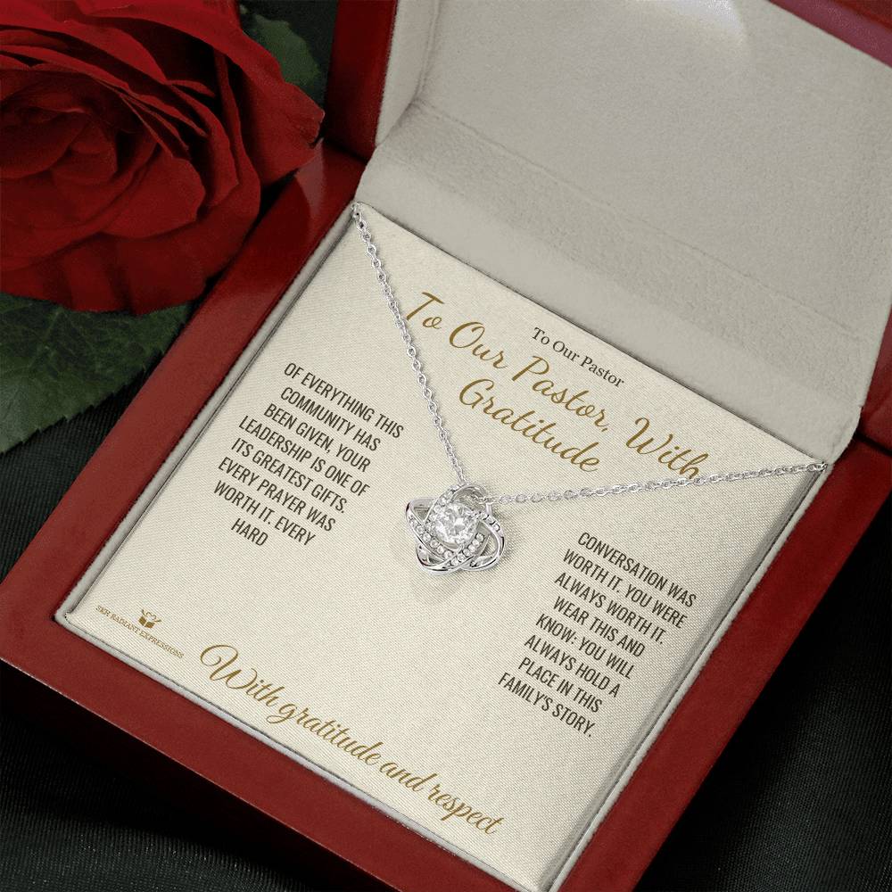 Love Knot Necklace engraved with your own words for pastor