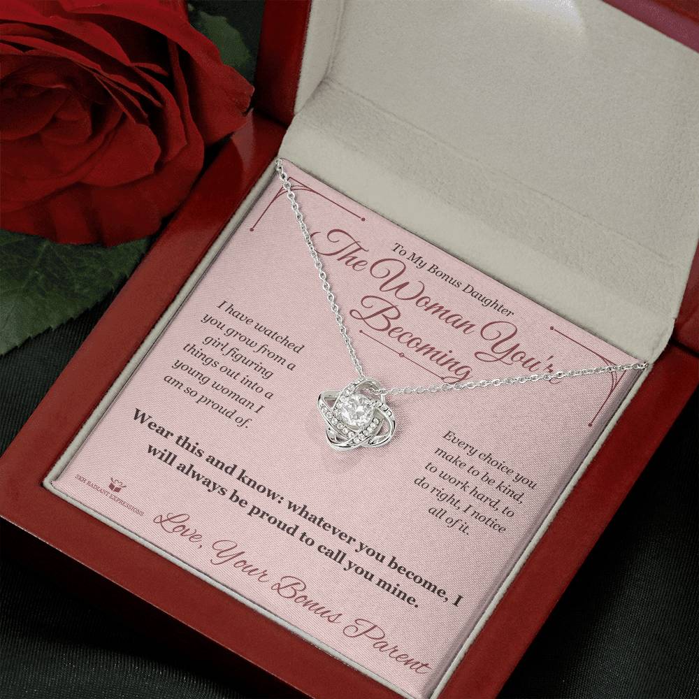 Love Knot Necklace engraved with your own words for stepdaughter