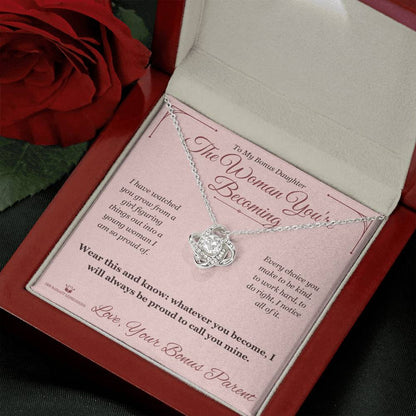 Love Knot Necklace engraved with your own words for stepdaughter