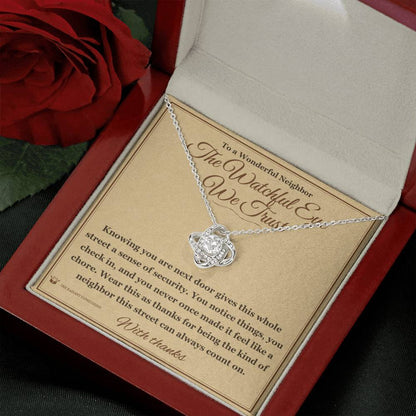 Love Knot Necklace with personalized message card for neighbor