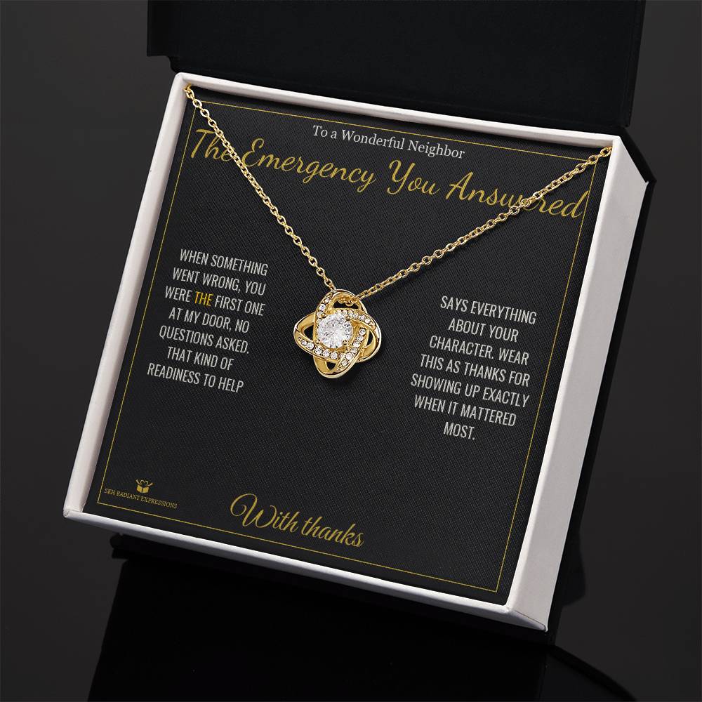 Engraved Love Knot Necklace with message for neighbor