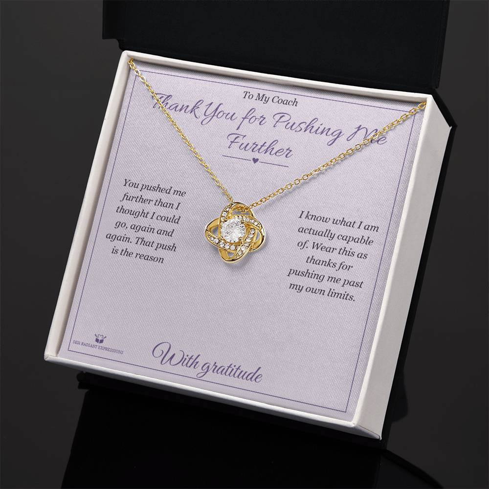 Engraved Love Knot Necklace with message for coach