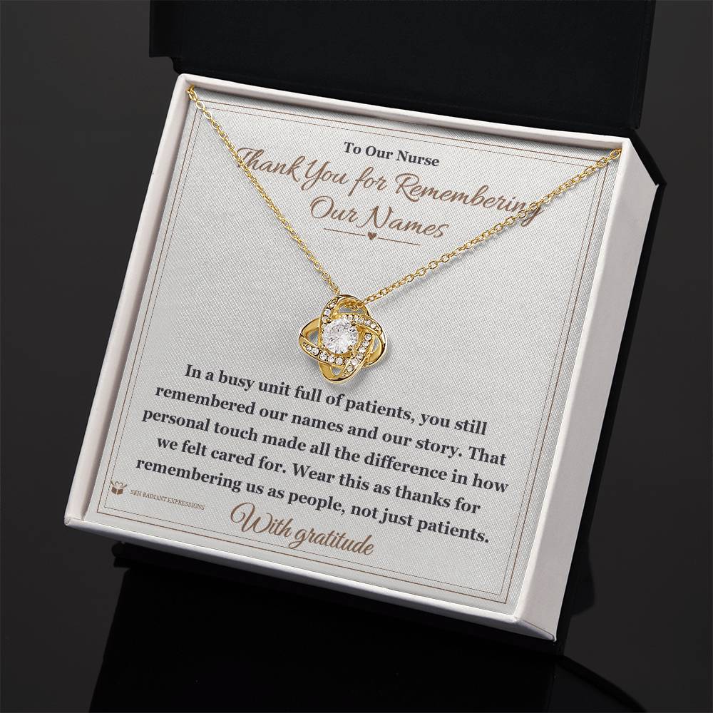 Love Knot Necklace with personalized message card for nurse