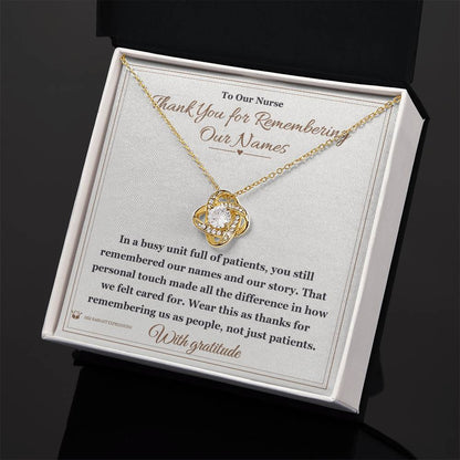 Love Knot Necklace with personalized message card for nurse