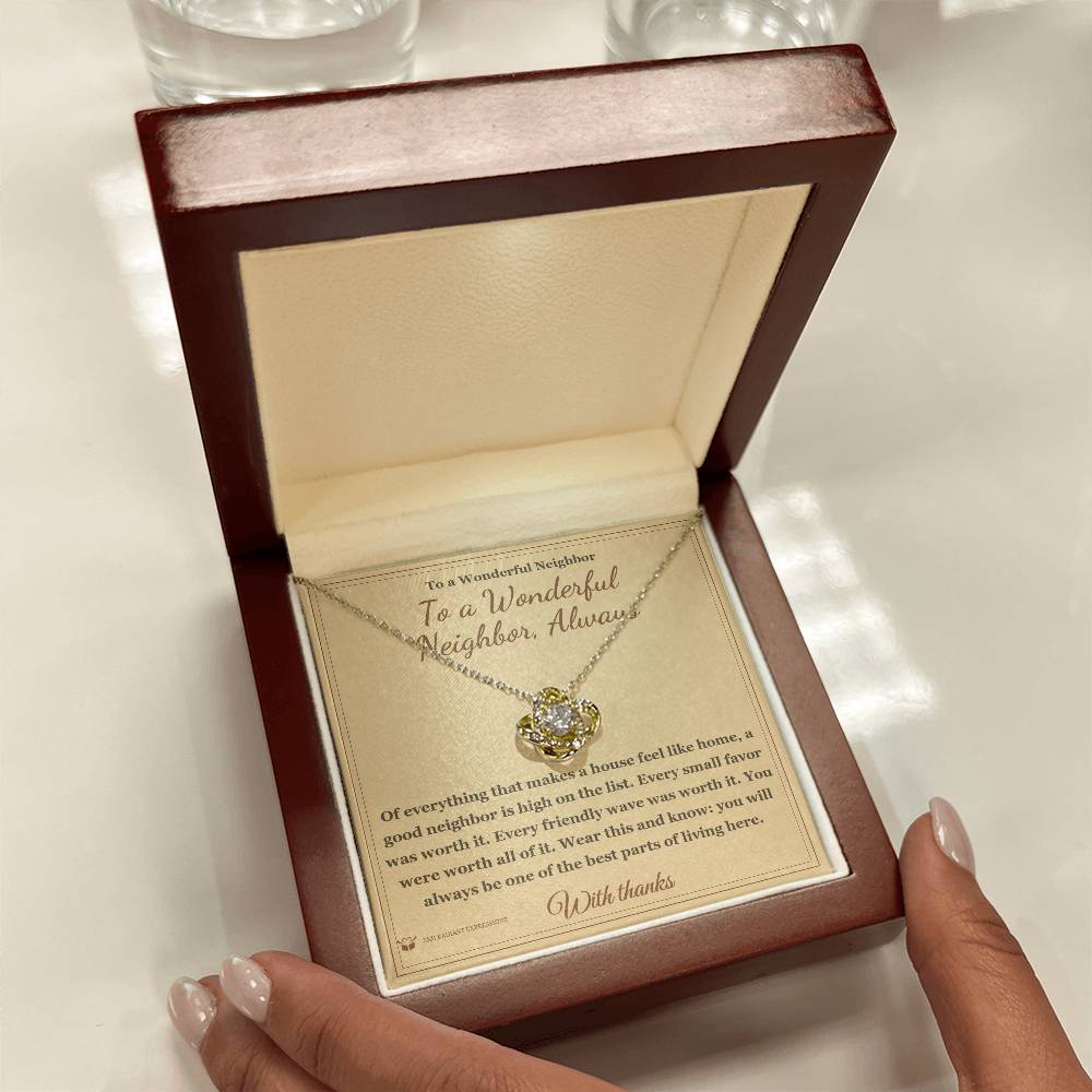 Love Knot Necklace engraved with your own words for neighbor