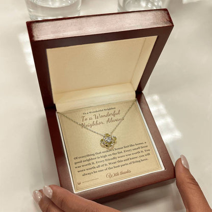 Love Knot Necklace engraved with your own words for neighbor