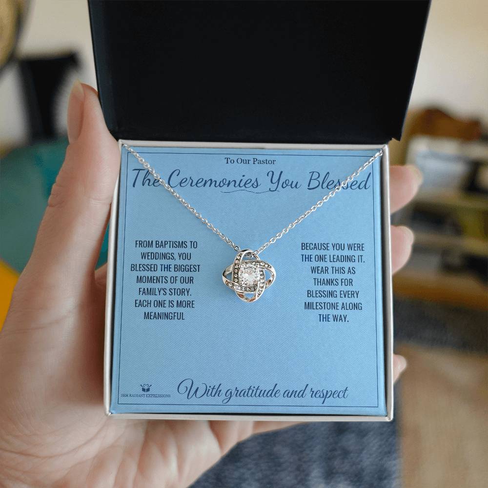Love Knot Necklace with personalized message card for pastor