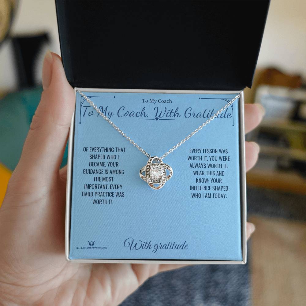 Love Knot Necklace with personalized message card for coach